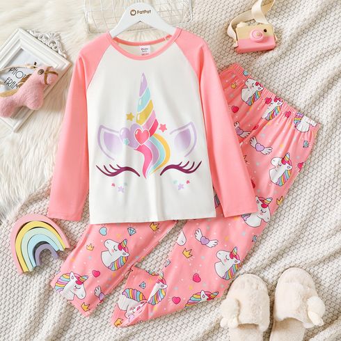 2pcs Kid Girl Unicorn Print Long-sleeve Tee and Pink Pants Pajamas Set