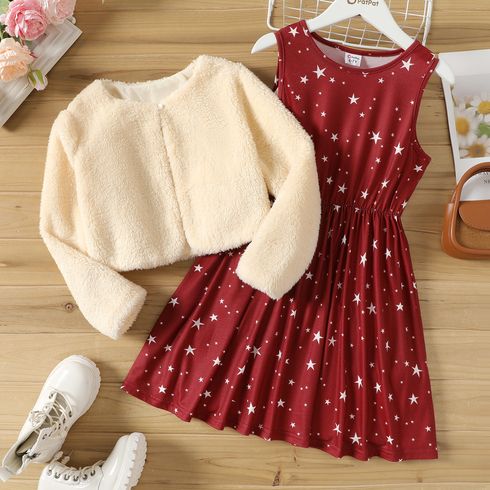 2pcs Kid Girl Stars Print Sleeveless Dress and Fleece Cardigan Set