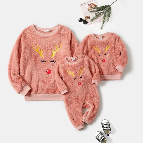 Christmas Deer Pattern Embroidered Pink Fuzzy Long-sleeve Pullover for Mom and Me
