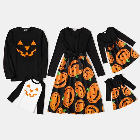Halloween Family Matching Solid Spliced Pumpkin Print Scallop Edge Long-sleeve Belted Dresses and T-shirts Sets