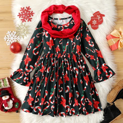 Kid Girl Christmas Graphic Allover Print Long-sleeve Dress with Scarf