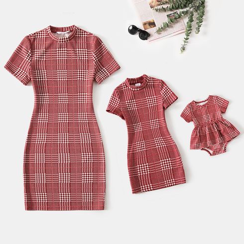 Red Houndstooth Plaid Print Short-sleeve Bodycon Dress for Mom and Me