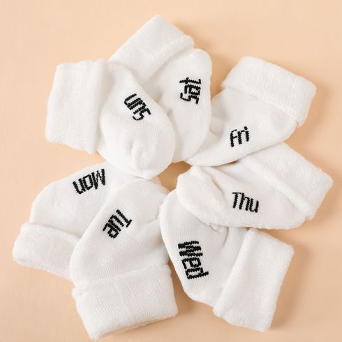 7-pairs Baby Week Letter Pattern Terry Cuff White Socks
