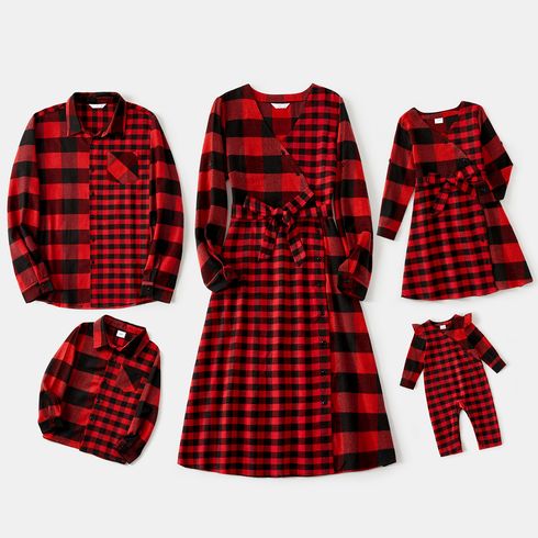 Family Matching Red & Black Plaid Button Front V Neck Belted Long-sleeve Dresses and Shirts Sets