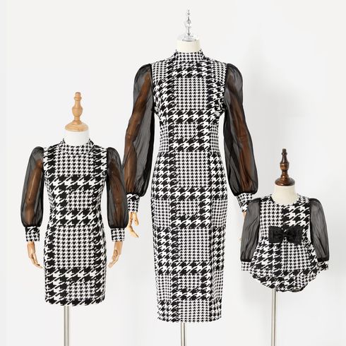 Black Houndstooth Spliced Mesh Puff-sleeve Bodycon Dress for Mom and Me