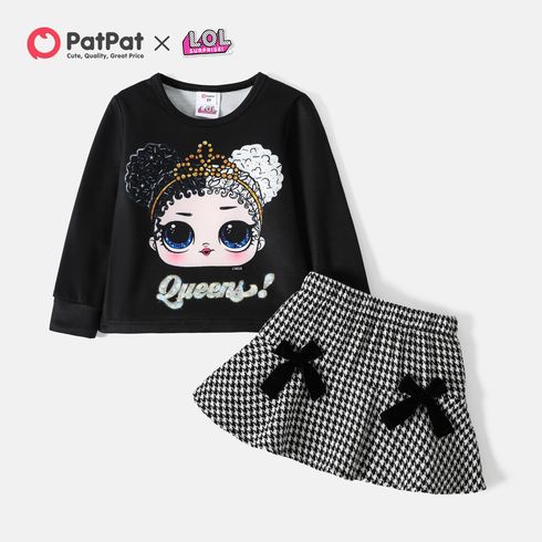 L.O.L. SURPRISE! 2pcs Toddler Girl Letter Print Long-sleeve Tee and Bowknot Design Houndstooth Skirt Set