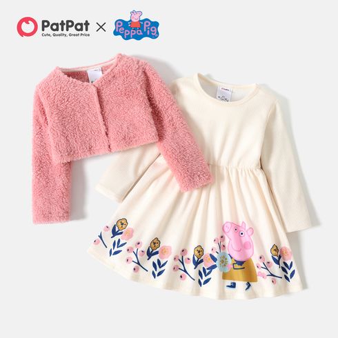 Peppa Pig 2pcs Toddler Girl Floral Print Long-sleeve Dress and Fleece Jacket Set