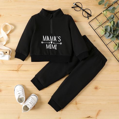 2pcs Baby Girl Letter Embroidered Black Long-sleeve Zipper Sweatshirt and Sweatpants Set