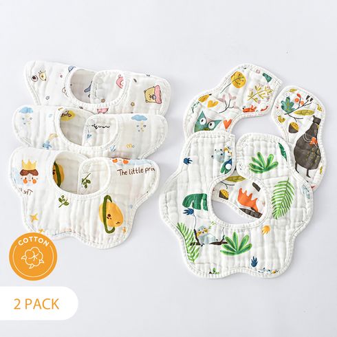 2 pezzi 100% cotone bavaglini a 360 ° a forma di petalo bavaglini con stampa di cartoni animati per l'alimentazione e la sbavatura e la dentizione