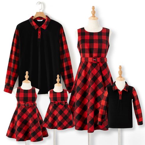Family Matching Red Plaid Belted Tank Dresses and Spliced Long-sleeve Polo Shirts Sets