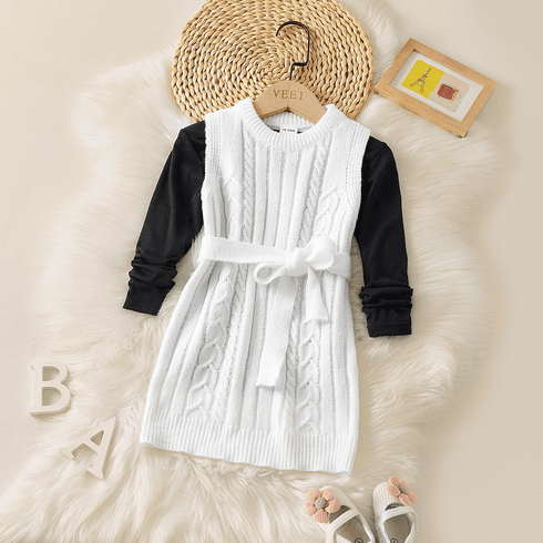 2pcs Toddler Girl Long-sleeve Black Ree and Cable Knit Textured Sleeveless White Dress Set