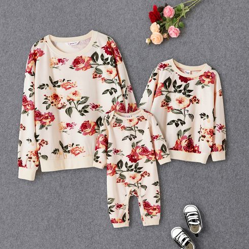 Allover Floral Print Round Neck  Long-sleeve Sweatshirts for Mom and Me
