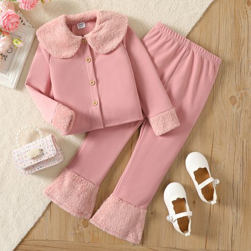2pcs Kid Girl Fleece Splice Doll Collar Pink Jacket and Flared Pants Set