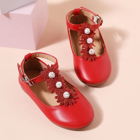 Toddler / Kid Glitter Floral Decor Red Flats