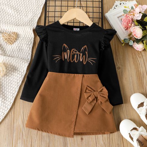 2pcs Toddler Girl Kitty Print Long-sleeve Ruffled Black Tee and Bowknot Design Shorts Set