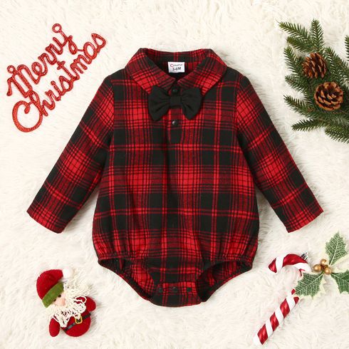 Christmas Baby Boy Bow Front Red Plaid Long-sleeve Romper