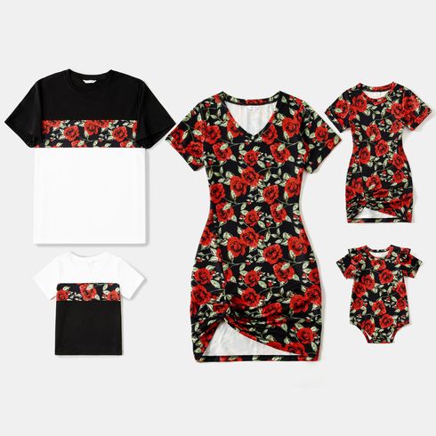 Family Matching Short-sleeve Allover Red Rose Floral Print Twist Knot Bodycon Dresses and Colorblock T-shirts Sets