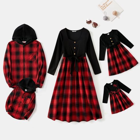 Family Matching Long-sleeve Button Front Solid Spliced Red Plaid Dresses and Hooded Shirts Sets