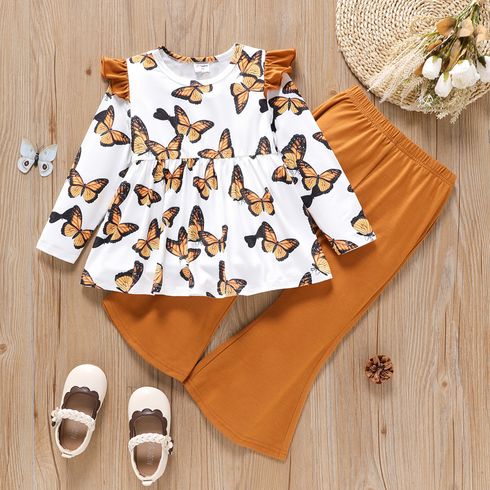 2pcs Toddler Girl Butterfly Print Ruffled Long-sleeve Tee and Flared Pants Set