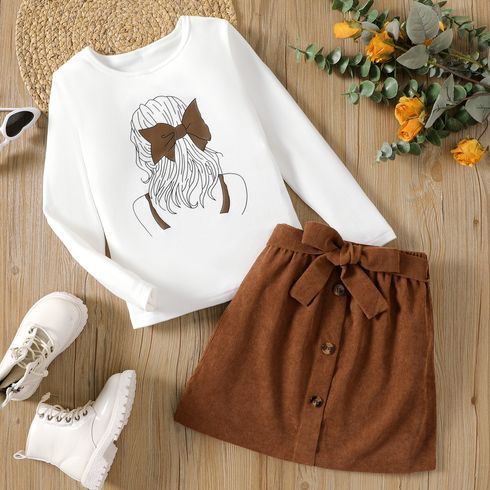 2pcs Kid Girl Figure Print Long-sleeve White Tee and Button Design Belted Skirt Set