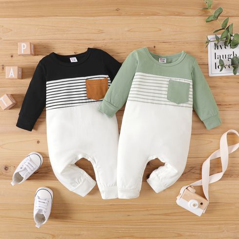 Baby Boy/Girl 95% Cotton Long-sleeve Striped Colorblock Jumpsuit