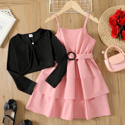 2pcs Kid Girl Layered Belted Pink Slip Dress and Black Cardigan Set