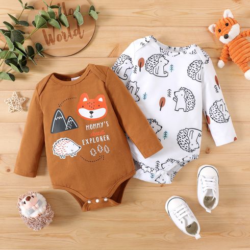 2-Pack Baby Boy 95% Cotton Long-sleeve Animal Print Rompers Set
