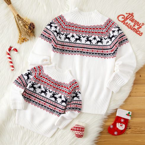 Christmas Deer Pattern Mock Neck Long-sleeve Knitted Sweater for Mom and Me