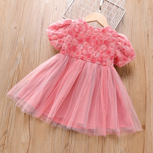 Toddler Girl 3D Floral Design Mesh Splice Pink Short-sleeve Party Evevning Dress
