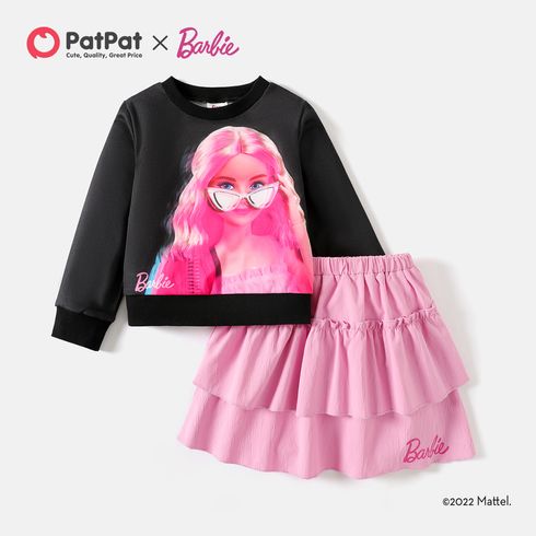 Barbie 2pcs Kid Girl Character Print Black Sweatshirt and Layered Pink Skirt Set