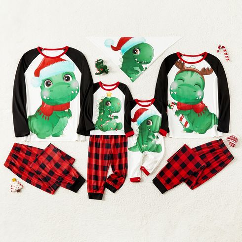 Christmas Family Matching Dinosaur Print Raglan-sleeve Red Plaid Pajamas Sets (Flame Resistant)