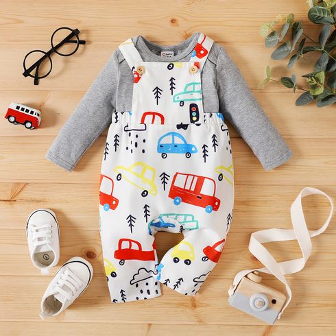 2pcs Baby Boy 95% Cotton Long-sleeve Romper and Allover Vehicle Print Overalls Set