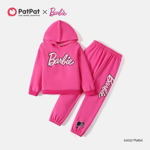 Barbie 2pcs Kid Girl Letter Print Pink Cotton Hoodie Sweatshirt and Elasticized Pants Set