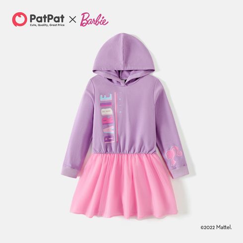 Barbie Kid Girl Letter Print Mesh Splice Long-sleeve Cotton Hooded Dress