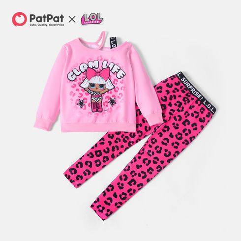 L.O.L. SURPRISE! 2pcs Kid Girl Character Letter Print Cut Out Long-sleeve Tee and Leopard Print Leggings Set