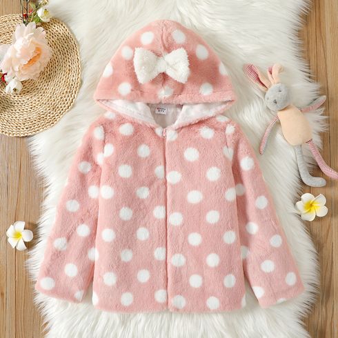 Kid Girl Polka dots 3D Bowknot Design Fluffy Fleece Pink Hooded Coat