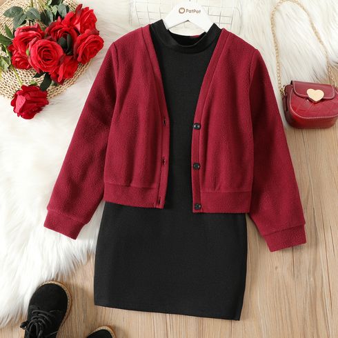 2pcs Kid Girl Mock Neck Long-sleeve Black Dress and Red Cardigan Jacket Set