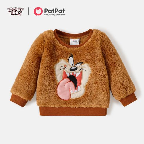 Looney Tunes Baby Boy/Girl Cartoon Animal Embroidered Long-sleeve Thermal Fuzzy Pullover Brown big image 1