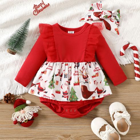 Christmas 2pcs Baby Girl Santa Print Spliced Red Mesh Ruffle Trim Long-sleeve Romper with Headband Set