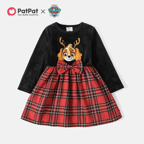 PAW Patrol Toddler Girl Bowknot Design Plaid Splice Long-sleeve Cotton Dress