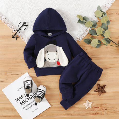 2pcs Baby Boy 3D Ears Animal Embroidered Long-sleeve Hoodie and Sweatpants Set