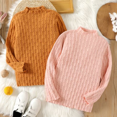 Kid Girl Solid Color Textured Mock Neck Knit Sweater