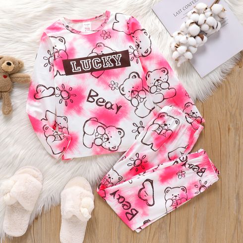 2pcs Kid Girl Tie Dyed Bear Print Long-sleeve Tee and Pants Pajamas Sleepwear Set