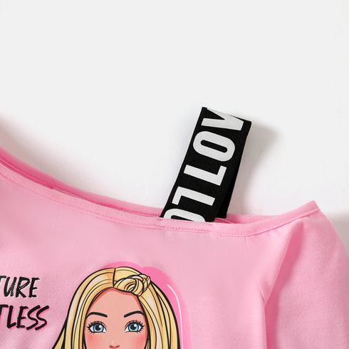 Barbie 2pcs Kid Girl Character Letter Print Strap Long-sleeve Tee and Black Cotton Leggings Set Pink big image 2