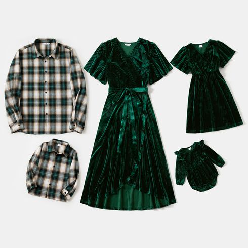 Family Matching Green Velvet Surplice Neck Ruffle-sleeve Dresses and Plaid Shirts Sets