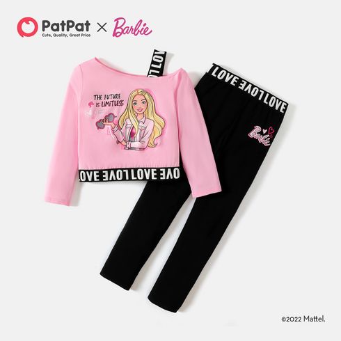 Barbie 2pcs Kid Girl Character Letter Print Strap Long-sleeve Tee and Black Cotton Leggings Set