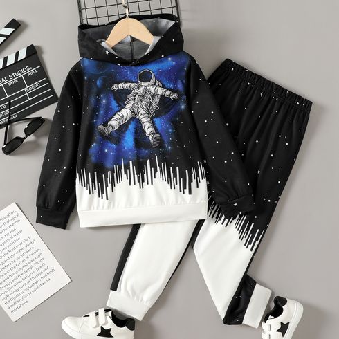 2pcs Kid Boy Space Astronaut Print Colorblock Hoodie Sweatshirt and Pants Set