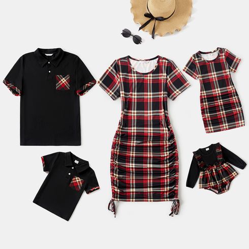 Family Matching Plaid Short-sleeve Ruched Drawstring Bodycon Dresses and Polo Shirts Sets