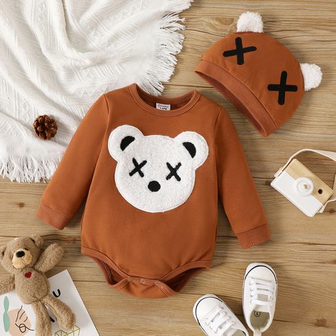 2pcs Baby Boy Bear Embroidered Brown Long-sleeve Romper with Hat Set