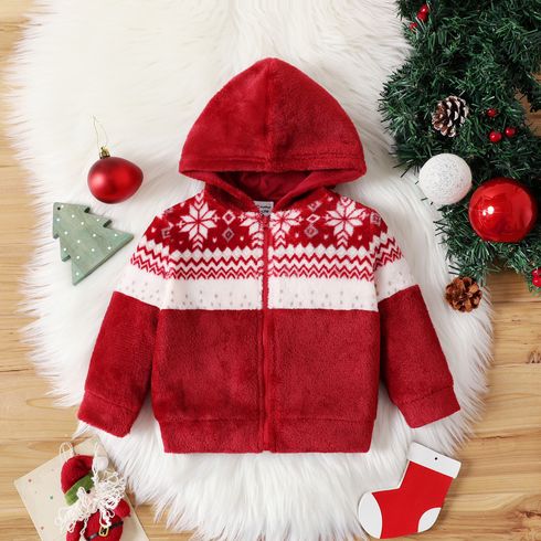 Christmas Baby Boy Snowflake Pattern Thickened Flannel Fleece Hooded Zipper Jacket